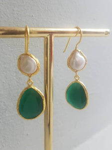 Green Cat's Eye and Mother of Pearl Earrings (Medium size)