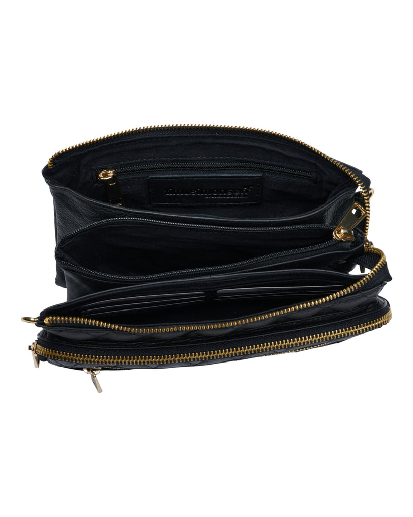 Black Leather Quilted Multi Section Crossbody - Gold Zip