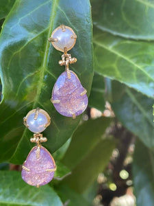 Pink Dichroic Glass Earrings with Pearl on Gold